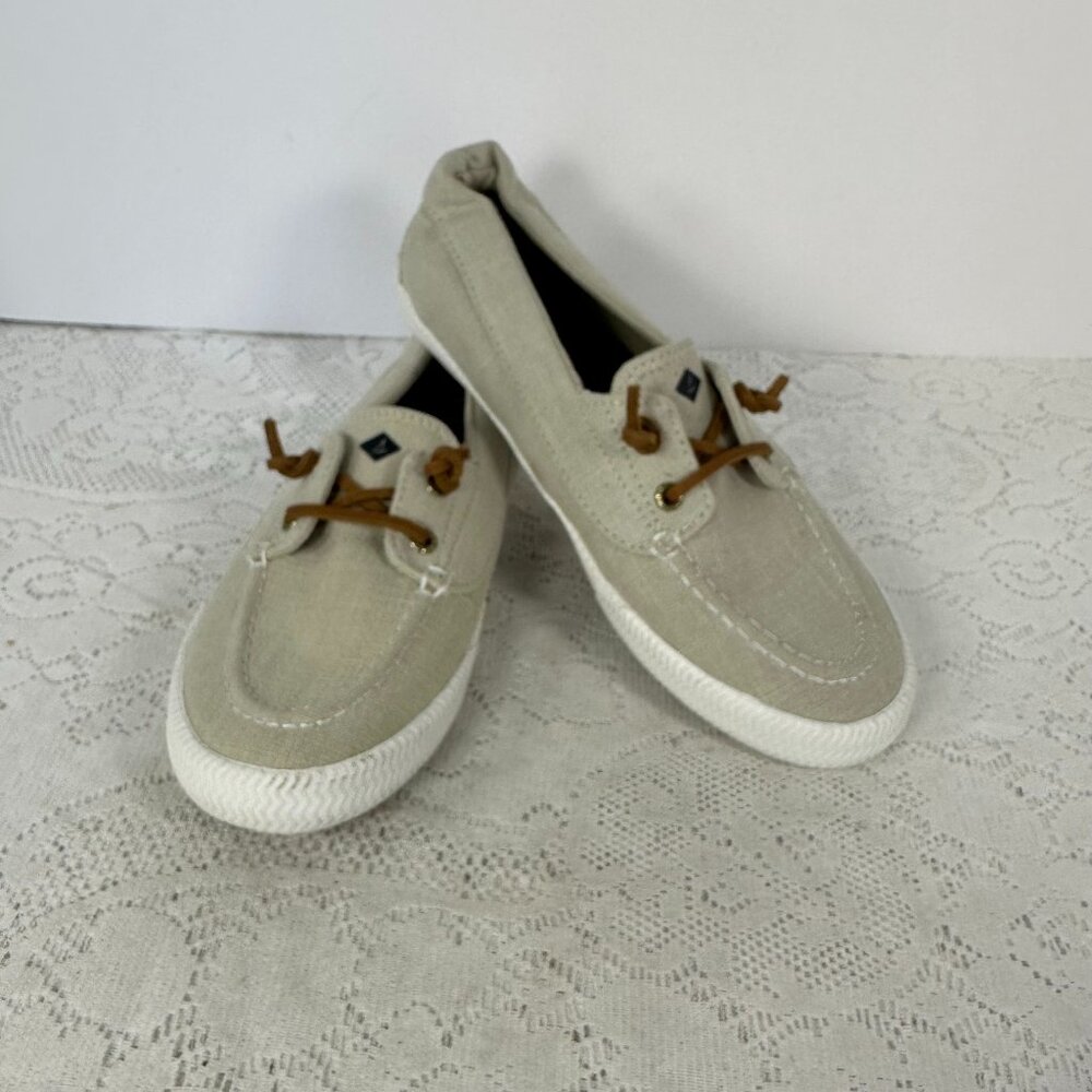 Sperry Top Sider Shoes, Light Gray/Tan, Canvas Slip on Moccasin Flats, 8.5M